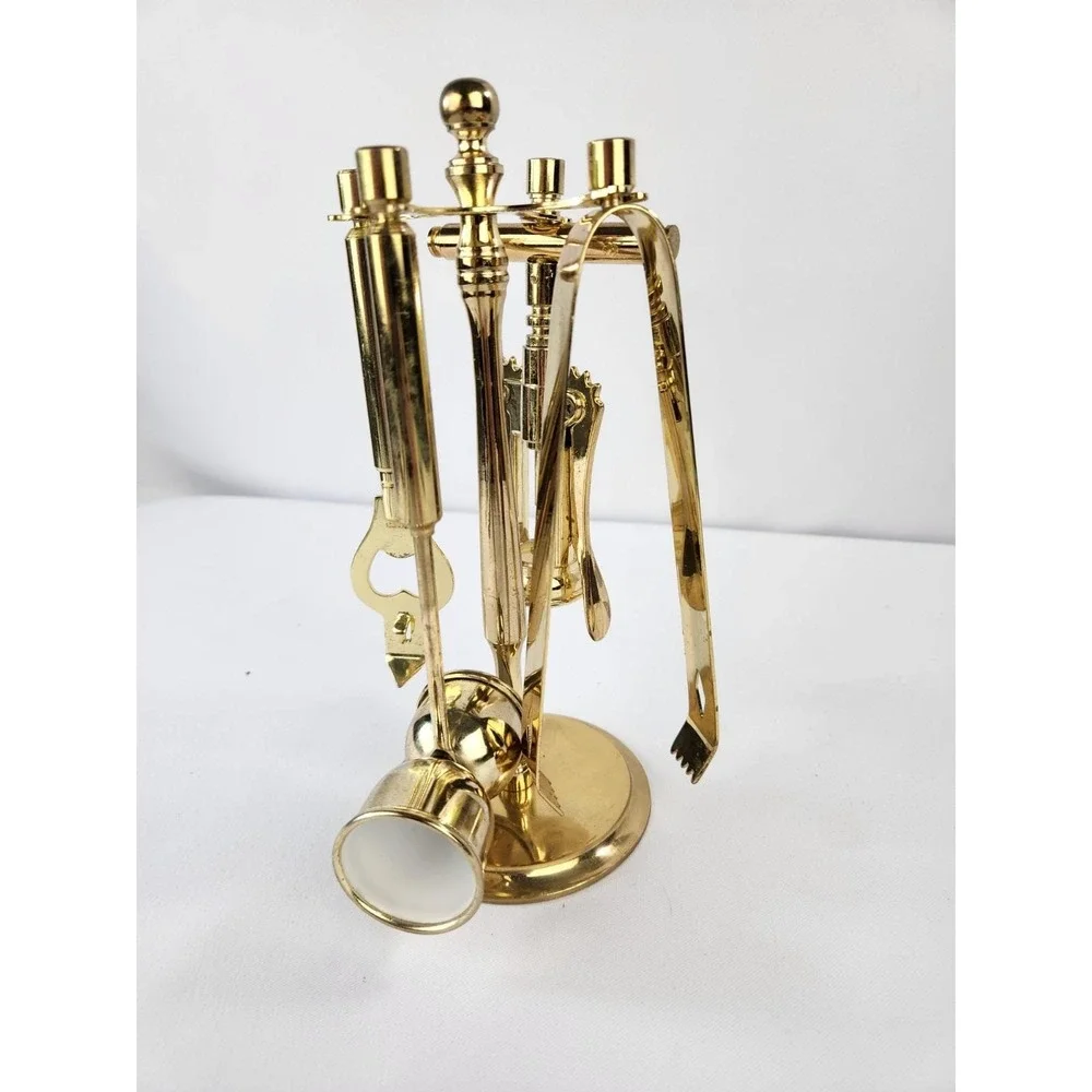 Vintage 5pc Brass Plated Bar Tool Set Stand Wine Opener Key Jigger Corkscrew MCM